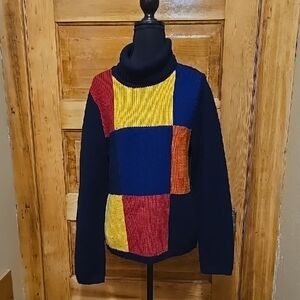 Liz Claiborne Colorblock Y2K Turtleneck Sweater - Red, Yellow, Blue, Navy L